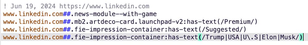 A few uBlock origin rules:

www.linkedin.com##.news-module--with-game
www.linkedin.com##.mb2.artdeco-card.launchpad-v2:has-text(/Premium/)
www.linkedin.com##.fie-impression-container:has-text(/Suggested/)
www.linkedin.com##.fie-impression-container:has-text(/Trump|USA|U\.S|Elon|Musk/)