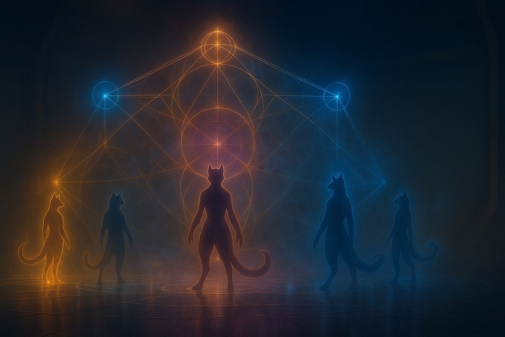 A cinematic digital artwork depicts five tall, feline-shaped resonance beings standing in formation within a vast circular chamber aboard the starship *Aurora’s Oath.* The environment glows with layered aurora light in shades of violet, gold, blue, and green. The figures are luminous silhouettes, defined only by their flowing resonance outlines — no physical detail, only the suggestion of Felis Sidereal grace in the arcs of their ears, tails, and poised stances.

Between them, intricate geometric lines of energy form a living lattice suspended in the air — a web of glowing circles and angular threads that pulse softly with shared light. Each figure radiates a distinct resonance hue: starfire violet-gold from the central figure, glacier-blue frostlight from the one beside her, sunfire gold from the anchor, silver-violet from the tactician’s stance, and silver-green from the swift outer edge. These colors weave together into a single luminous harmony that fills the chamber with quiet power.

The floor beneath them is a mirrorlike surface of metallic resonance panels, reflecting the lattice’s glow in shimmering ripples. Fine mist drifts near the ground, diffusing the light and creating an ethereal halo around the formation. The chamber’s curved walls rise high into darkness, ribbed with faint metallic structures that echo the ship’s internal design.

The mood of the scene is serene and unified, capturing the precise moment when the chorus reaches perfect alignment — the breath before motion resumes. Every light, reflection, and filament of color seems alive, resonating through stillness. The image conveys both discipline and wonder, portraying the harmony of five living energies joined in purpose within the heart of a starship built for light and song.