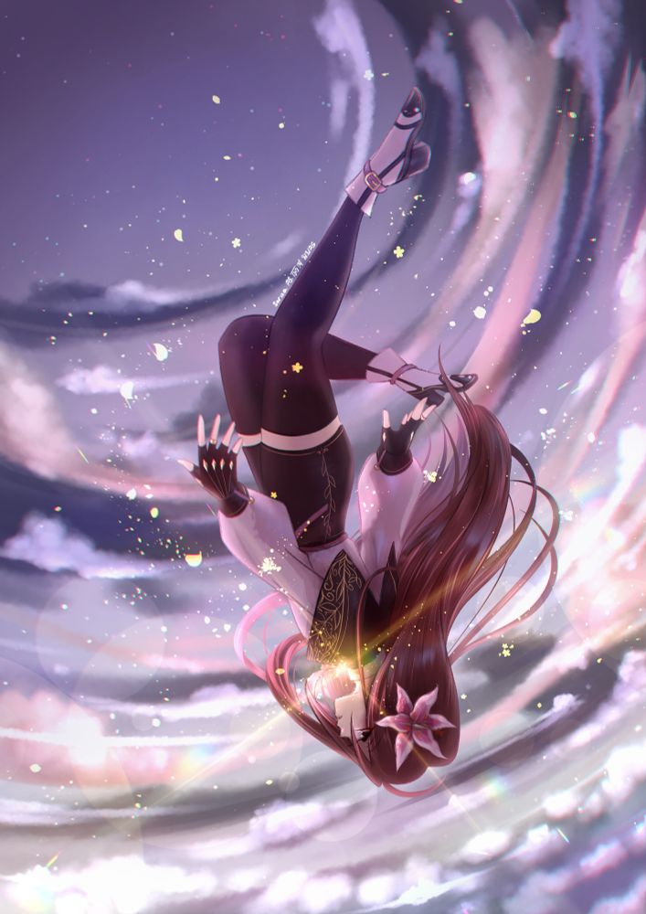 a person with long, flowing brown hair and a stargazer lily in their hair, wearing a white dress top, black shorts, and black stockings falls into a sky full of purple-pink clouds. magical gold flower petals emerge from their flower-shaped brooch on their collar.