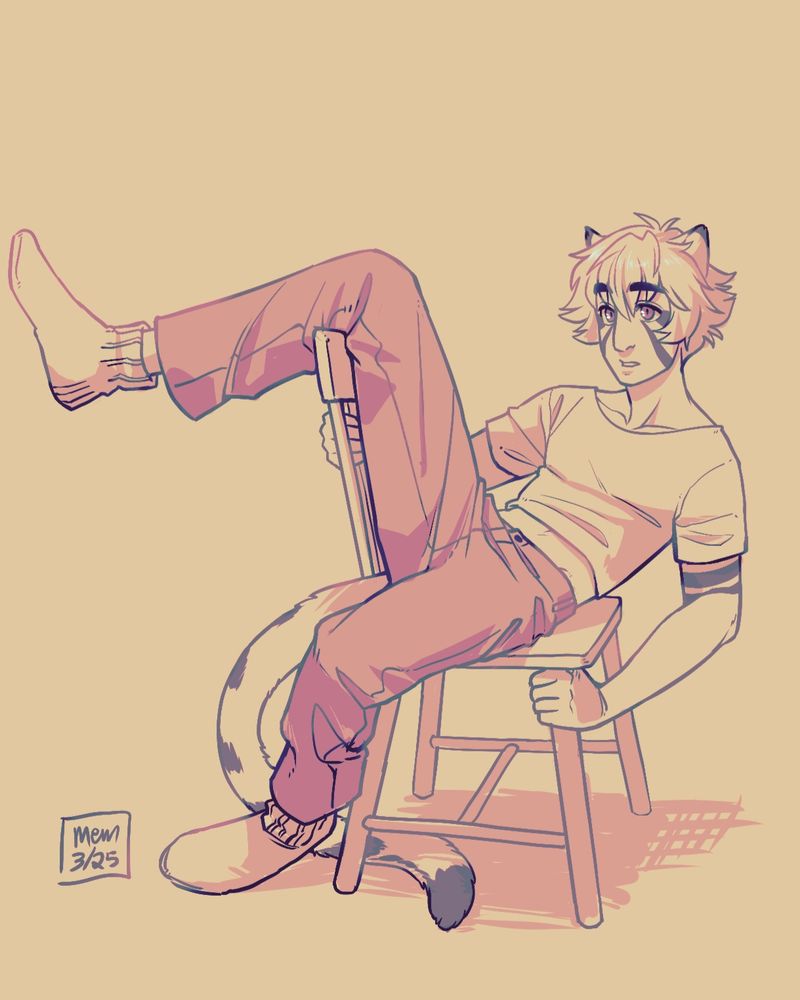 Doodle of a catboy sitting weirdly on a chair.