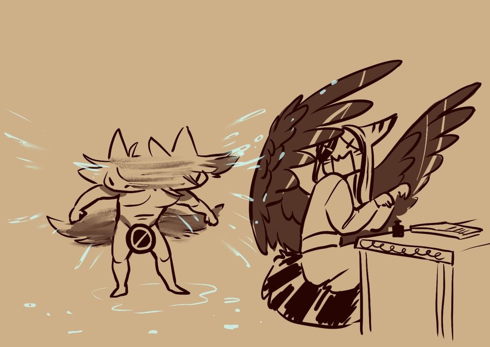 Very quick doodle of two kemonomimi characters, first one stands naked with a censor sign over his crotch, shaking his head and tail with full force, splattering water all over. Next to him another character covers himself with his wing to survive the water splatter. He looks pissed. 