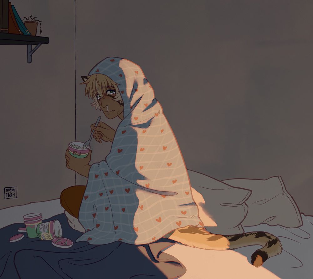 Drawing of a blonde kemonomimi sandcat man sitting on a bed, peeking over his shoulder as a narrow beam of light illuminates his back. He's covered in a thick blanket and he's eating ice-cream straight out of the package, with three empty packets next to him. His face is very sad and teary and snotty. 
