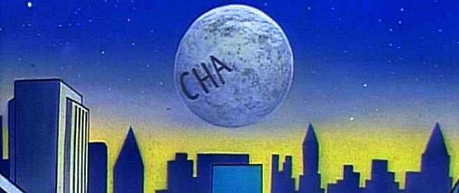 A screen shot from the 1994 animated series "The Tick," episode 7, showing the moon with "CHA" in a failed attempt by Chairface Chippendale to engrave his name upon the moon.
