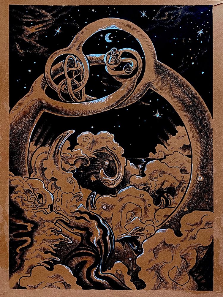 Illustration on a hard to photograph orange paper of an Alexander horned sphere (a pathological topological space, where a torus keeps getting dividing into interlocking links) in front a night sky with stars and the moon surrounded by flowing water with finger waves. Black and white with hatch shading