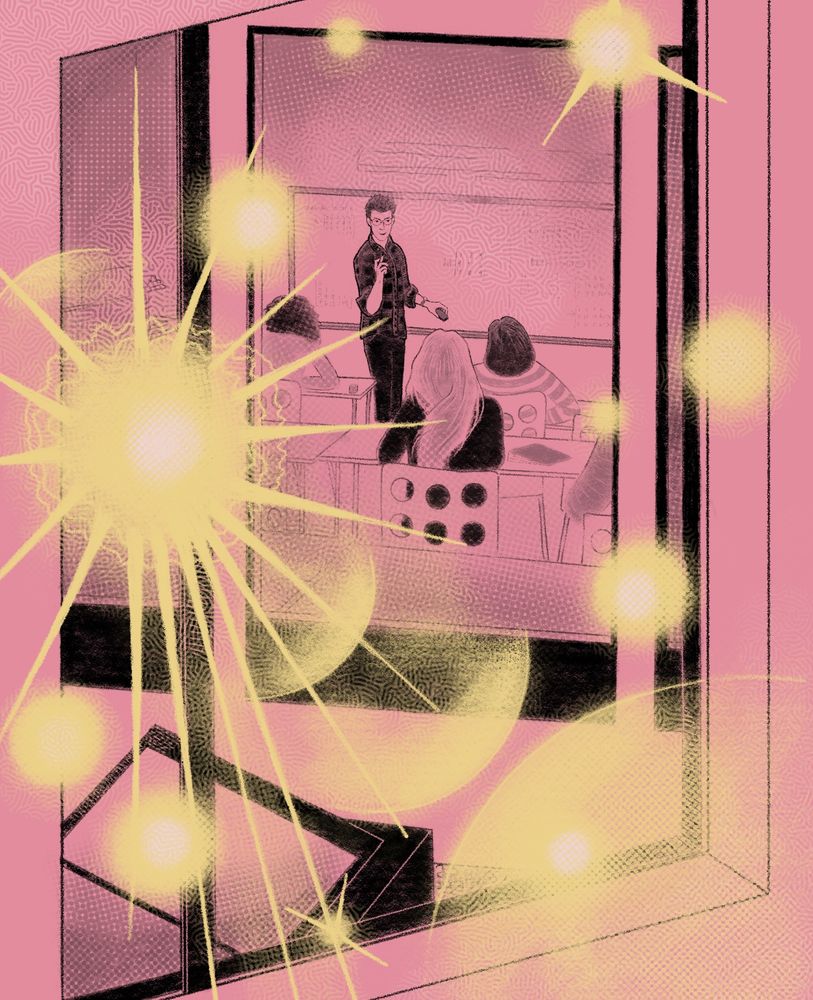 Illustration on pink paper made in procreate of a view of a class happening through a couple of different windows with very dramatic yellow Sun spots. There are some skylights in between. Pink, black, yellow and a little white with lots of texture from a few different procreate brushes. Called Sun spots(dazzled(ชมดู))