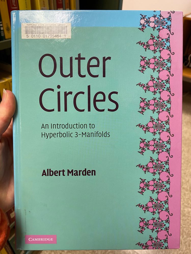 A book called outer circles an introduction to hyperbolic 3-manifolds by Albert madden. Its palette is blue, sage green and pink with a fractal border 