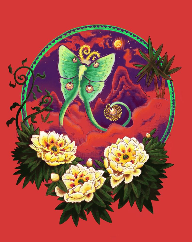 Illustration done in procreate of a giant moth flying in front of some mountains and a purple night sky with a strange planet. The moth has similar characteristics to a lunar moth and is framed by a circular frame with a geometric pattern and three pale yellow itoh peonies. Colors are vibrant red, purple, various greens, yellow and white