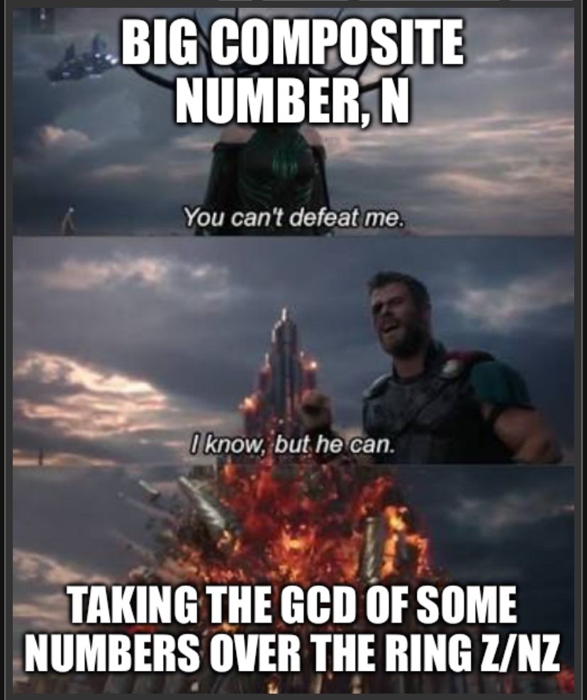 Thor ragnorok meme, reads: 
big composite number N: you can’t defeat me
Thor: I know, but he can
Him: taking the gcd of some numbers over the ring Z/NZ
