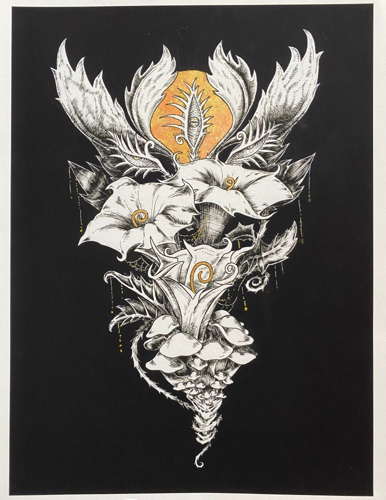 The full shot of the illustration, we can see there are spider webs hanging from the leaves 