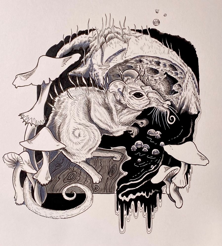 Illustration of a mold mouse in front of a piece of moldy bread with black fluid pouring out, framed by mushroooms. Grayscale, with hatch shading 