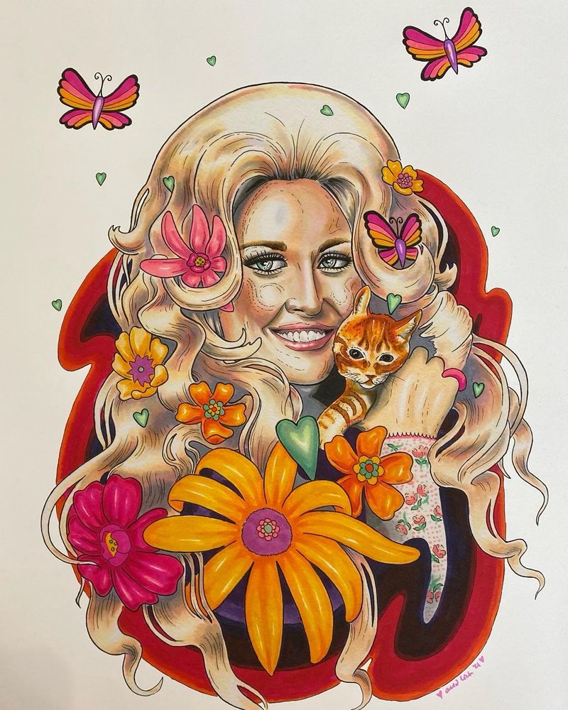 Illustration in copic markers of the one and only Dolly Parton surrounded by colorful flowers and hearts and holding an orange kitten