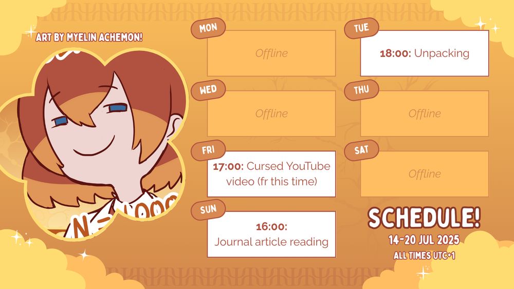 Unpacking stream at 18:00 on Tuesday 15th July 2025. Cursed YouTube video at 17:00 on Friday 18th July. Journal article reading stream at 16:00 on Sunday 20th July. All times UTC+1.