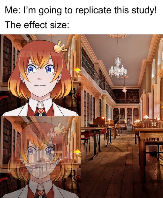Psydere is in a library. The caption says "Me: I'm going to replicate this study! The effect size:". This is followed by Psydere disappearing.