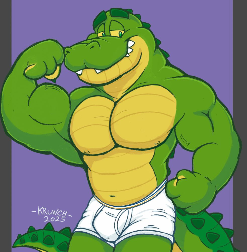 Krunchy flexes his big bicep in his underwear. 