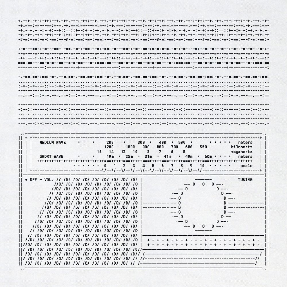 single artwork for cowTools' "shortwave". ASCII representation of a shortwave radio on the bottom, with rows of random characters on the top. black over white. 