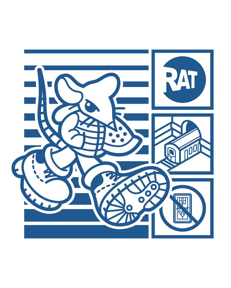 vector illustration of a rat in a vest + sweatshirt and timbs; walking with straight lines in the background. the right shows a spoof of the MTA logo that reads "RAT", a train leaving a mouse hole, and a warning sign to avoid traps. (blue over white).