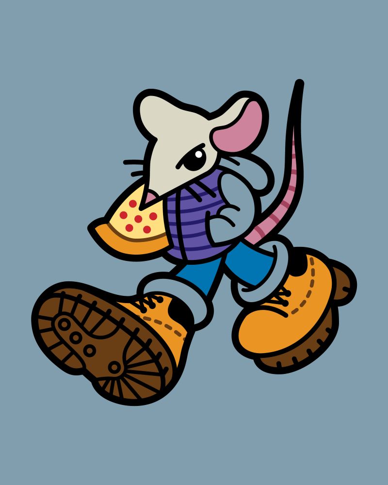 vector illustration of a rat wearing a vest, jeans, and timbs. a slice of pepperoni pizza is in his mouth. he is clearly walking here. (full color)