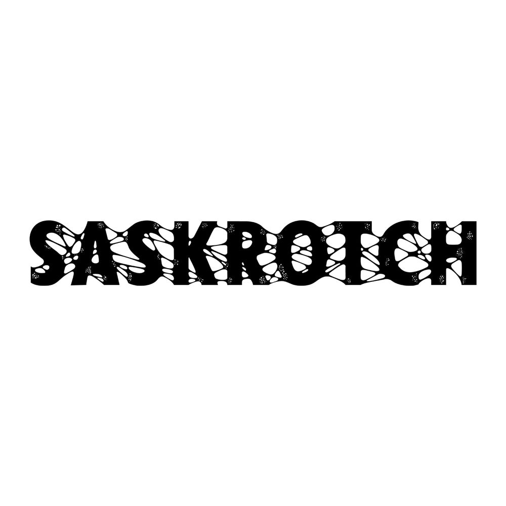 logotype for saskrotch. futura bold type, with webbing and decay effects (black over white).