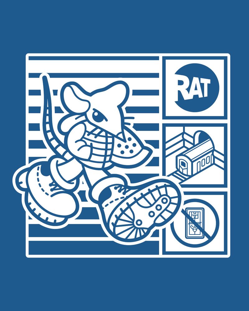 vector illustration of a rat in a vest + sweatshirt and timbs; walking with straight lines in the background. the right shows a spoof of the MTA logo that reads "RAT", a train leaving a mouse hole, and a warning sign to avoid traps. (white over blue).