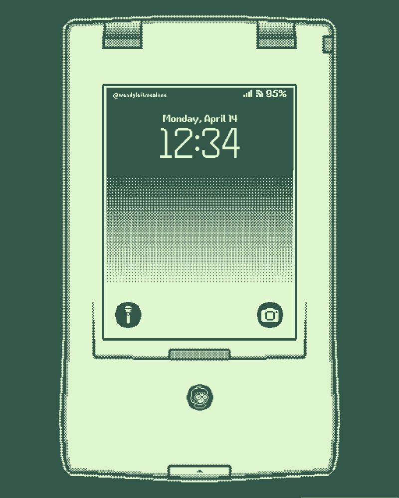 phone display based on the apple newton. screen shows a gradient w/ dithering that resembles an iphone wallpaper. text reads:
@wendyleftmealone 95%
Monday, April 14
12:34