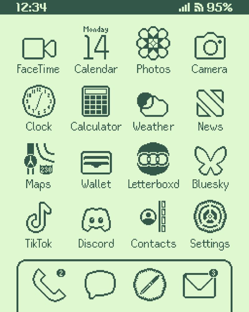 phone display based on the apple newton. screen shows pixelated icons resembling the following apps:
-facetime -calendar -photos -camera
-clock -calculator -weather -news
-maps -waller -letterboxd -bluesky
-tiktok -discord -contacts -settings