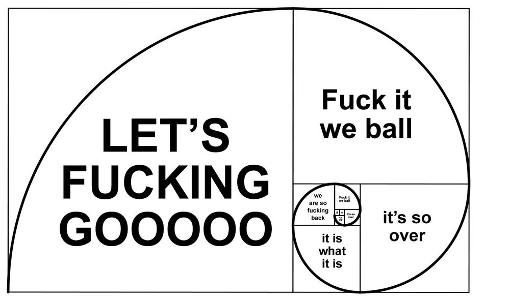 meme of the fibonacci spiral going through moods. from "LET'S FUCKING GOOOOOO" to "Fuck it we ball" to "it's so over" to "it is what it is" to "we are so fucking back" to "fuck it we ball" to "it's so over" to "it is what it is" to "we are so fucking back" to