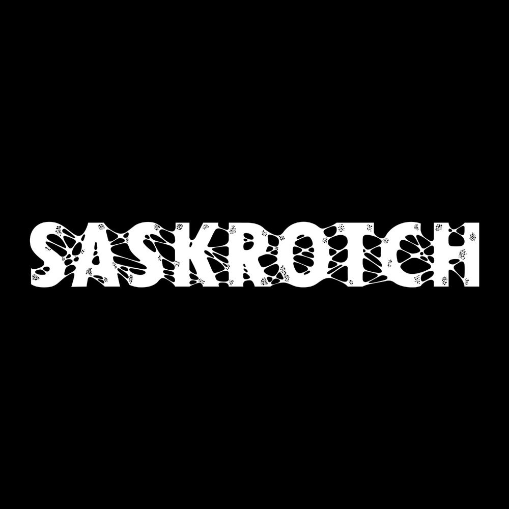 logotype for saskrotch. futura bold type, with webbing and decay effects (white over black).