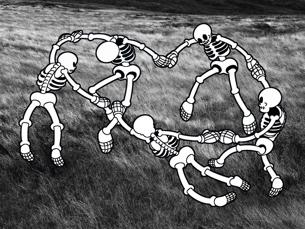 black and white illustration by me of five skeletons dancing in a field. referencing 'the skeleton dance' (1929, directed by walt disney) and 'dance' (1910, by henri matisse). stock photography by matthew sichkaruk on unsplash.