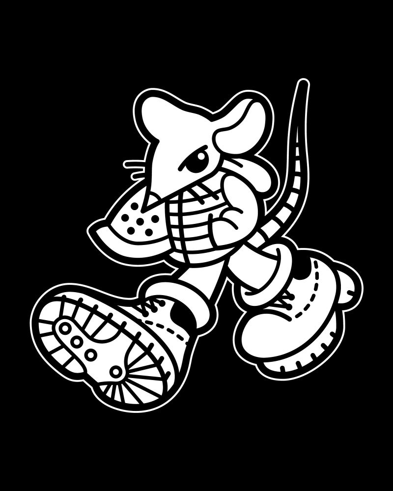 vector illustration of a rat wearing a vest, jeans, and timbs. a slice of pepperoni pizza is in his mouth. he is clearly walking here. (white on black)