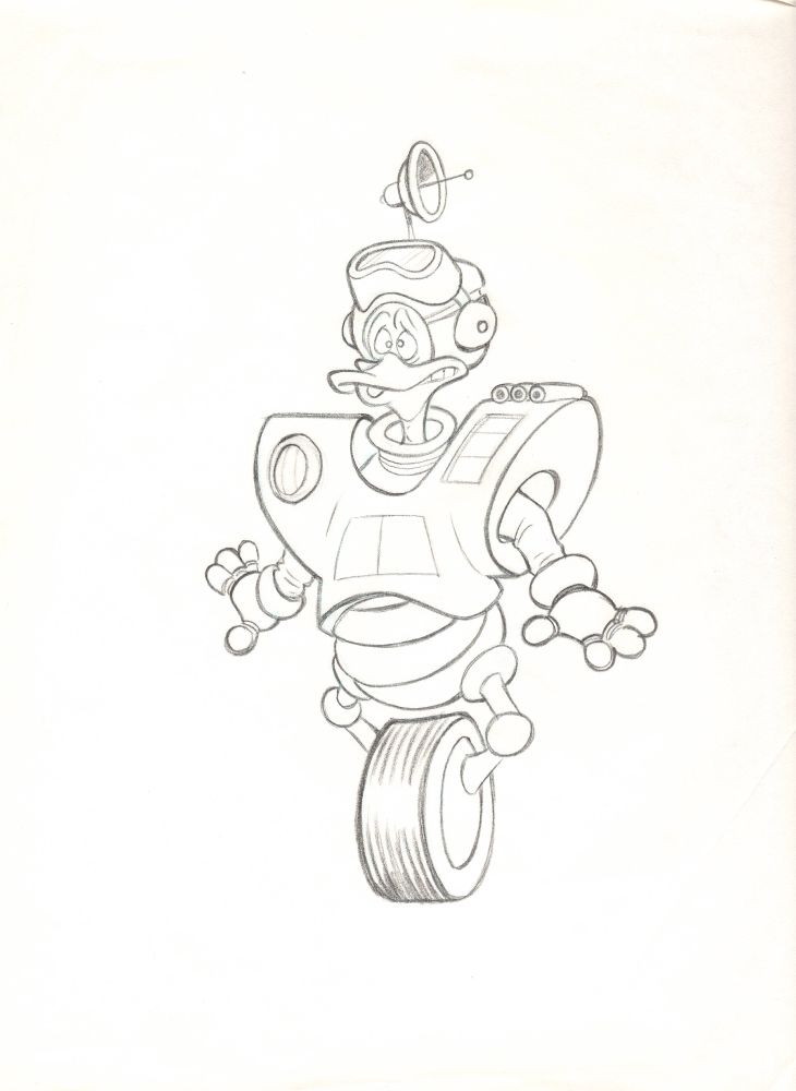 A duck wears a cartoon version of sci fi armor, reminiscent of Iron Man's. But his legs are attached to a single tire, like he's riding a unicycle. A radar dish sits atop his head.