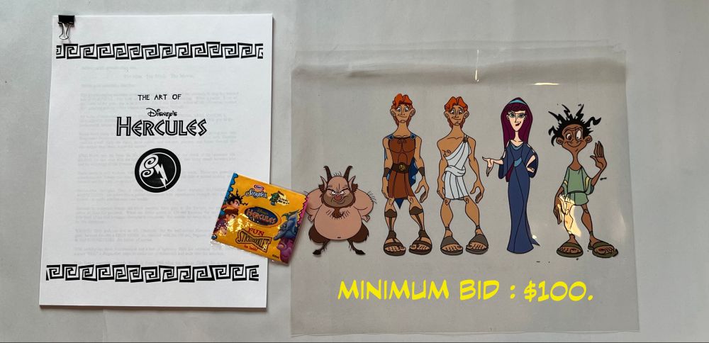 Hand painted cel of main cast from Disneys Hercules TV series and cover of the art guidelines used in the show.