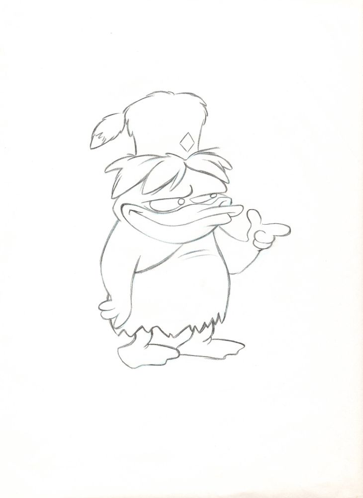 A stout young duck wearing a fur covering that leaves his arms and one shoulder bare. His wide duck bill has a sly smile. He has bushy hair, parted down the middle, topped by a "coon skin hat" similar to Davy Crockett's,.
