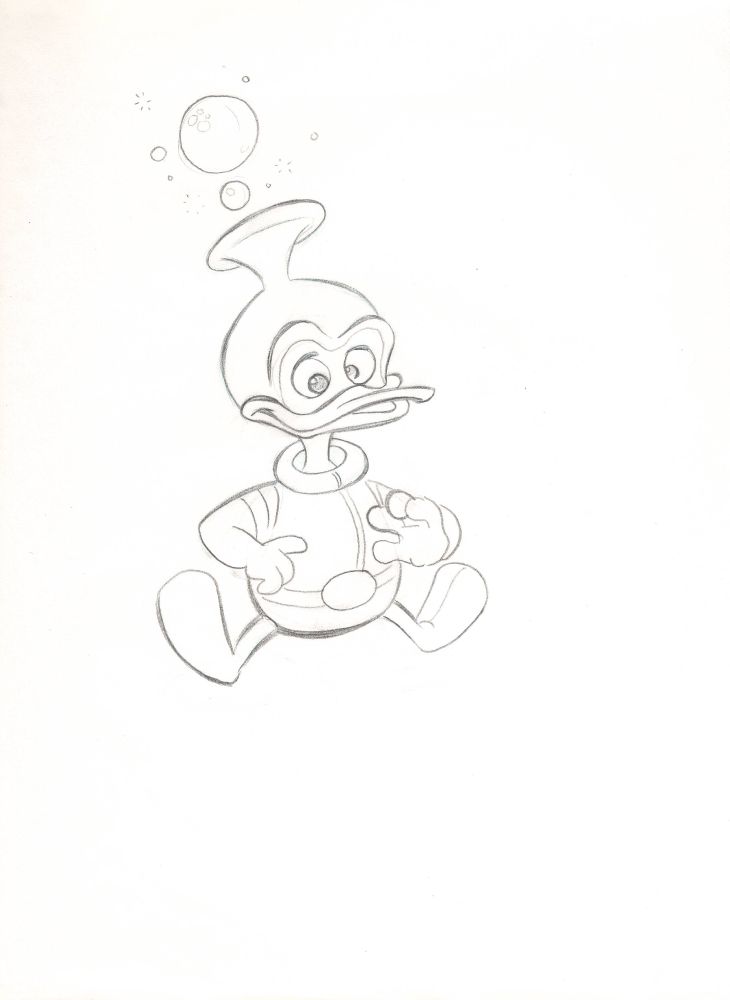 A small, anthropomorphic duck floats in the air wearin a form fitted space suit without a helmet. A horn (like the mouth of a trumpet) grows out of his head, blowing bubbles.