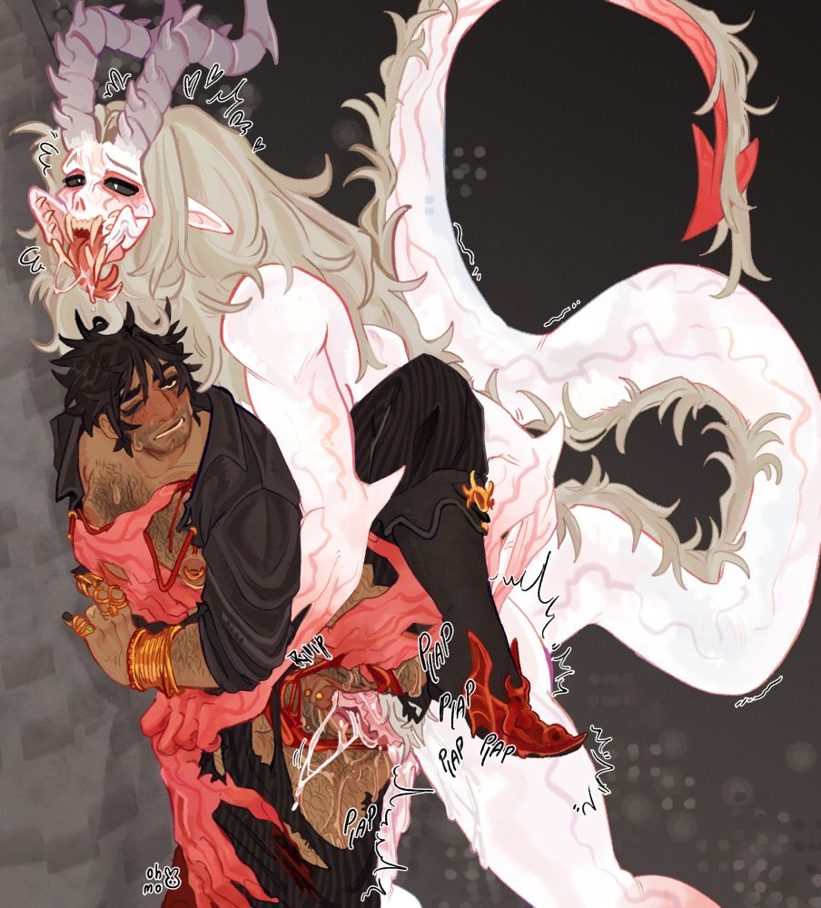 a pornographic illustration of a custom slayer form of my dark urge character Pulse fucking Enver Gortash aginst a wall.