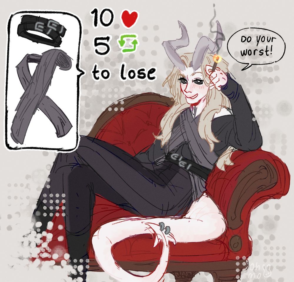sketchy coloured ullustration of a pale tiefling sitting in a chaise, looking suggestively at the veiwer. 
speech bubble: "do your worst!"
