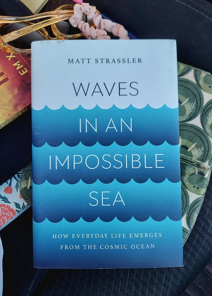 A picture of Waves In An Impossible Sea by Matt Strassler, on top of a pile of (not literal) crap on the passenger seat of my car (purse, notebooks, sunglasses, etc.