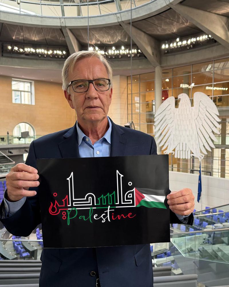 dietmar bartsch steht im bundestag und trägt ein schwarzes schild auf den palestine in arabisch und englich steht danaben die flage von palästina 