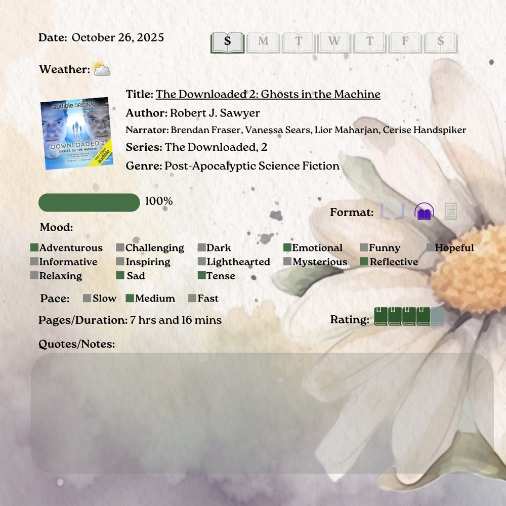 Title: The Downloaded 2: Ghosts in the Machine 
Author: Robert J. Sawyer 
Narrator: Brendan Fraser, Vanessa Sears, Lior Maharjan, Cerise Handspiker 
Series: The Downloaded, 2 
Genre: Post-Apocalyptic Science Fiction 
Format: Audiobook 
Mood: Adventurous, Emotional, Reflective, Sad, Tense 
Pace: Medium 
Pages/Duration: 7 hrs and 16 mins 
Rating 4 stars