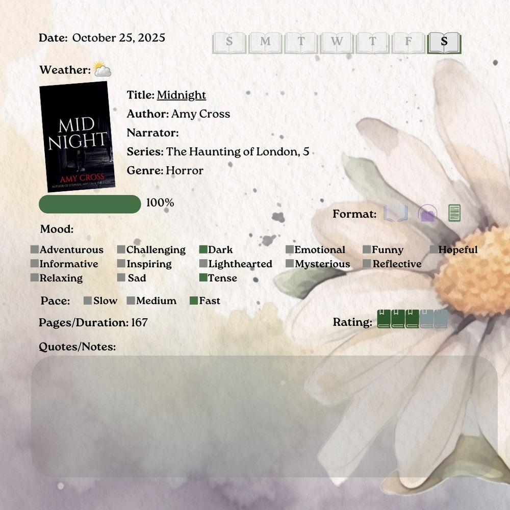 Title: Midnight Author: Amy Cross Narrator:  Series: The Haunting of London, 3 Genre: Horror Mood: Dark, Tense Pace: Fast Pages/Duration: 167 Rating 3 stars