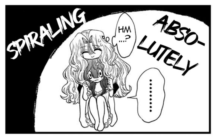From a manga. A sitting women looking very anxious with eye wide open being held from behind by another woman. The text around them reads "Absolutely spiralling"