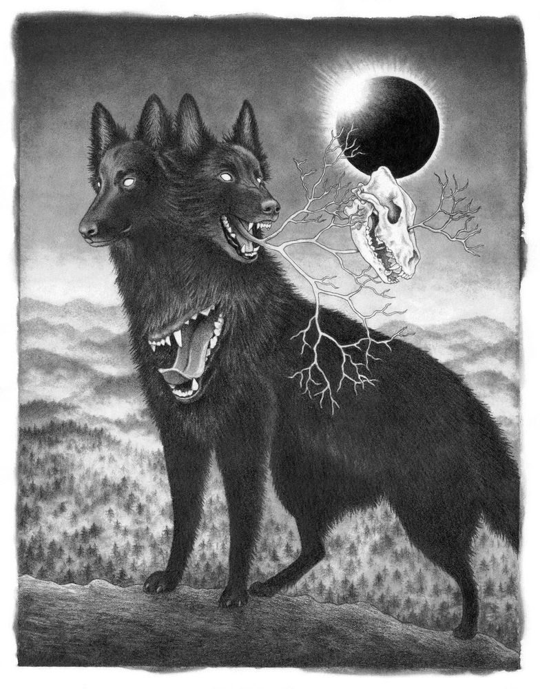 Graphite drawing of two-headed black dog with an open dog's mouth on the chest. A tree branch is coming out of one of the heads with a dog skull attached. There is a mountain landscape  in the background and an eclipse in the sky. 