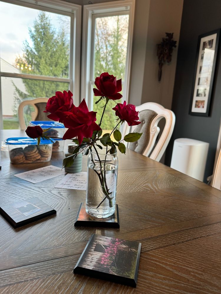 Knockout roses in vase on table