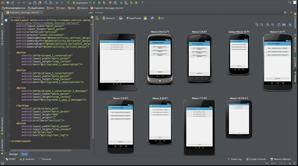 Screenshot of Android Studio 1.0 in dark theme with the source editor on the right, and multi-configuration layout preview on the right showing a layout across a variety of devices.