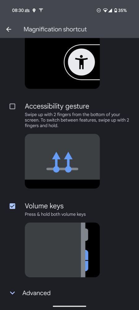 Screenshot of the magnification shortcut setting on Android which is how you can enter a mode where pinch gestures magnifies everything