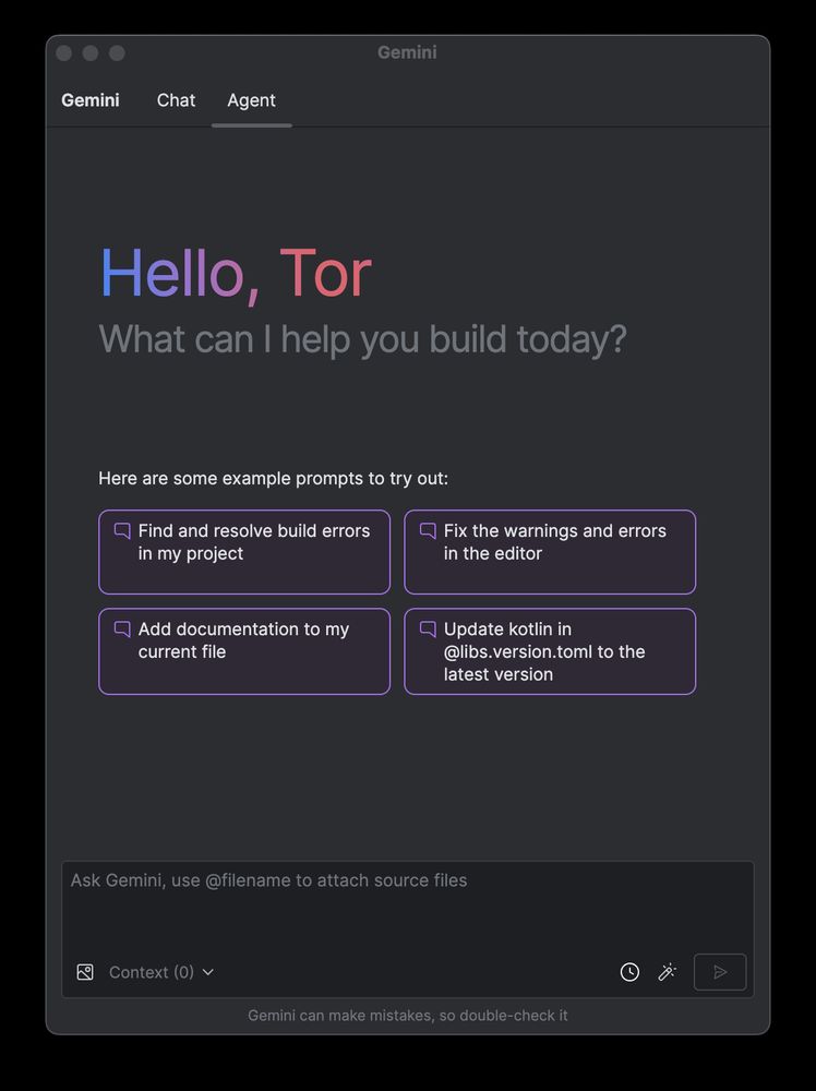 Screenshot of the new agent tab in Gemini in Android Studio showing the input prompt and sample queries