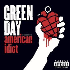 pochette de l'album American Idiot par Green day, un dessin d'une main qui tient une grenade en forme de coeur 
