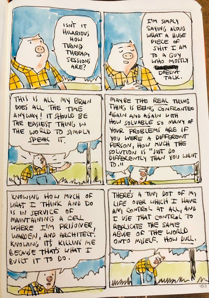 Photograph of a comic in a sketchbook. A pig is walking and ranting aloud. PANEL 1: PIG: 