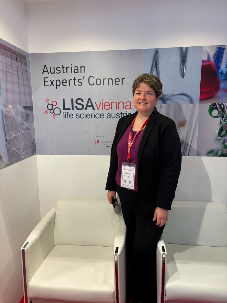 In the photo, there is Eva Schlintl representing LISAvienna at the Austrian Experts' Corner at Arab Health 2025 in Dubai.