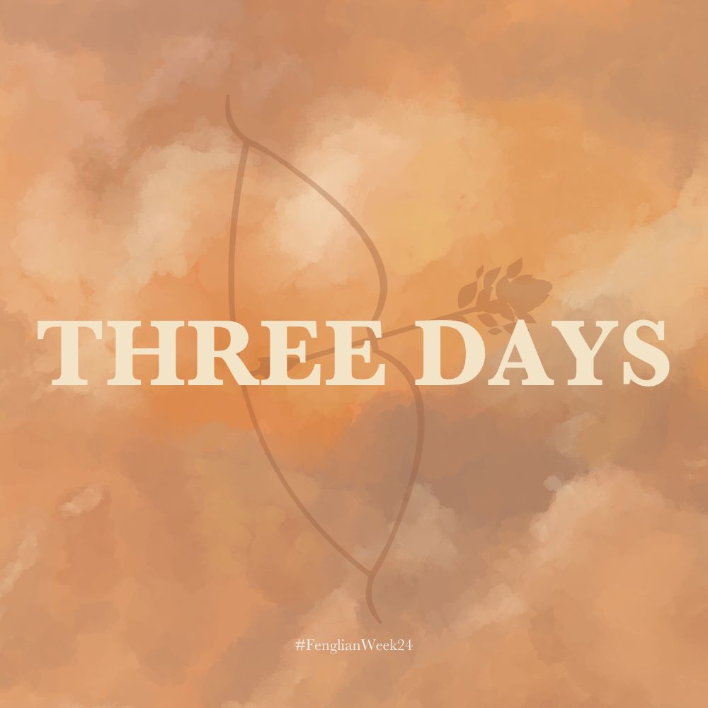 A painting of a cloudy sky in warm tones, a silhouette of a bow and a flower shaped arrow. Some letters on top read “THREE DAYS”. At the bottom there’s a tiny hashtag about the event: #FenglianWeek24