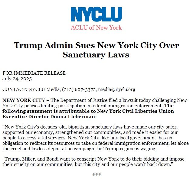 Screenshot of a NYCLU-branded press release responding to the Trump administration suing New York City over its sanctuary laws.